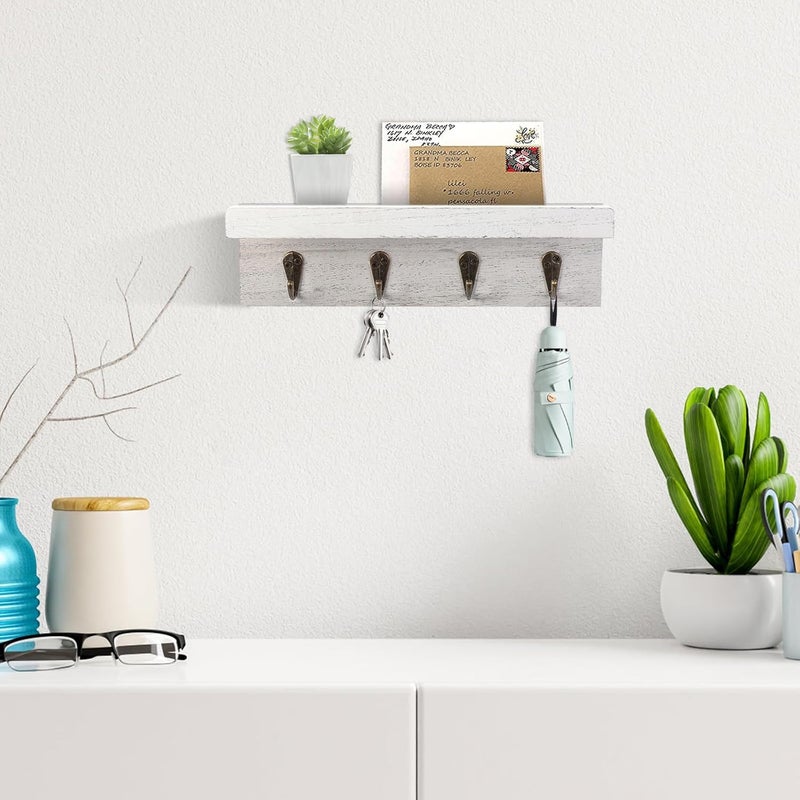 HRONRAD Rustic Key Holder for Wall, Farmhouse Wall Shelf with 4 Hooks, Wall Mounted Key Racks, Wooden Mail Organizer with Hooks for Entryway (White) - Image 2